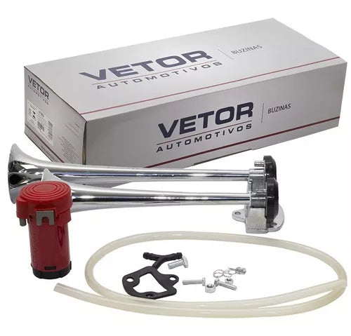 BUZINA VETOR VT-053 C/ 2 CORNETAS DE METAL + COMPRESSOR ELÉTRICO 12V