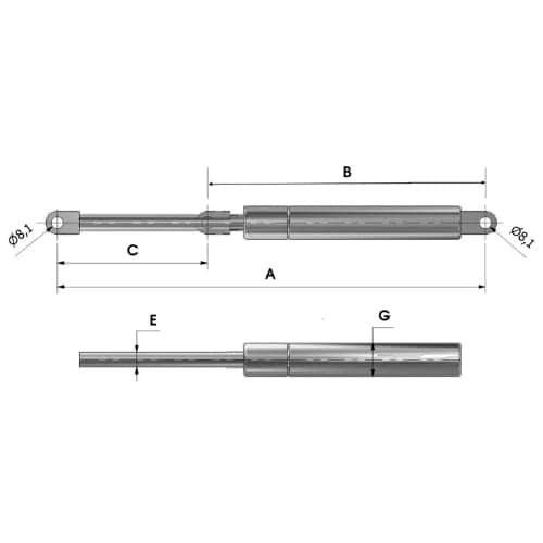 Amortecedor a gás inox 355x225mm 30kg